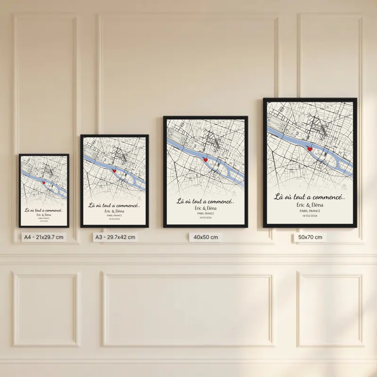 Guide des tailles de l'affiche lieu de rencontre : A4, A3, 40x50 et 50x70 cm encadrées au mur