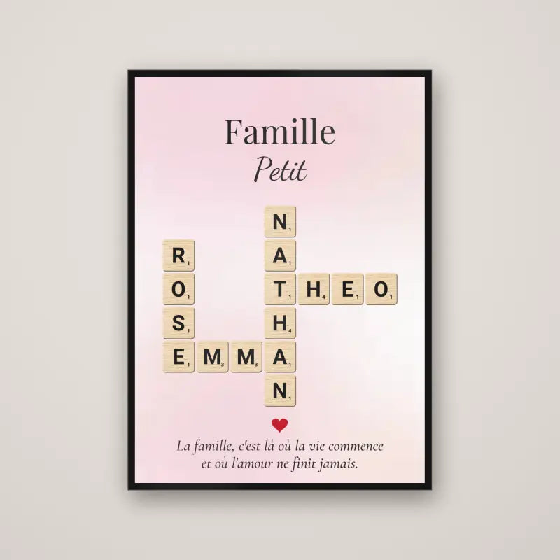 Affiche Scrabble famille personnalisée, fond aquarelle rose, cadre noir