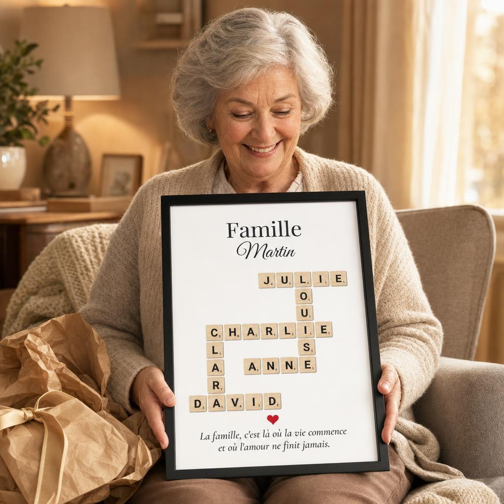 Grand-mère découvrant son cadeau : affiche Scrabble famille personnalisée encadrée