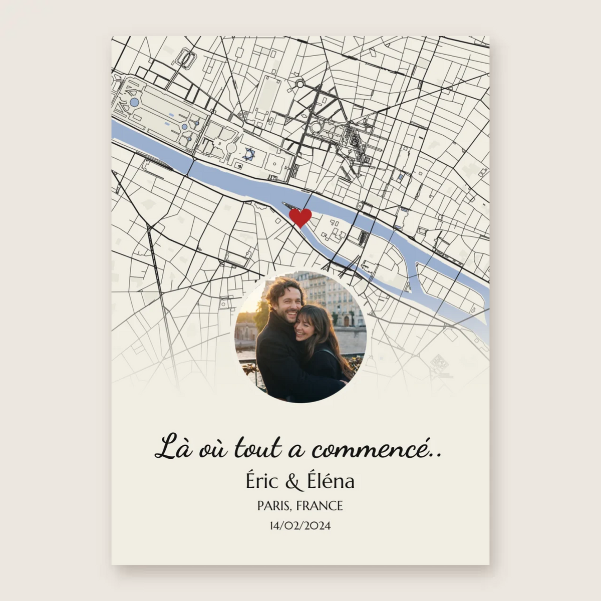Affiche lieu de rencontre avec carte et photo du couple